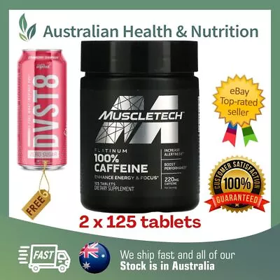 2 X MUSCLETECH PLATINUM CAFFEINE 125 TABLETS + FREE SHIPPING & DVST8 CAN • $55.95