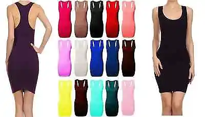 *BNWT Womens Racer Back Plain Ladies Sleeveless Bodycon Mini Dress S/M M/L 8-14* • £4.99