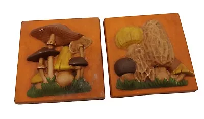 Ceramic 3D Mushroom Wall Art Hanging Tile Plaque 5” Orange 1978 Lot Of 2 • $14.29