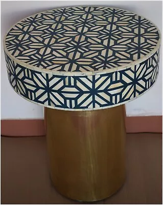 Indian Handmade Bone Inlay Moroccan Blue Round Bedside Table Side Stool • $599