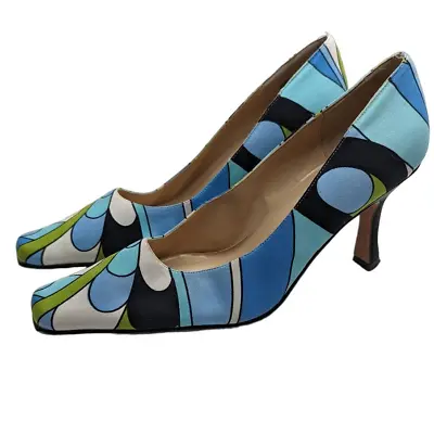 Vintage 1990s Karen Scott Womens Sz 7.5 Square Toe Heels Blue Lime Geometric • $18