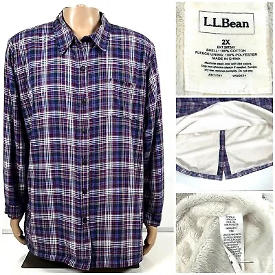 LL Bean Men’s Fleece Lined Flannel Button Shirt Purple Blue Plaid • 2XL • $69