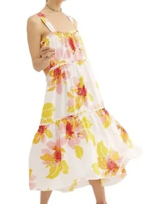 Free People Moonshine Midi Linen Blend Floral Dress Sz M • $23