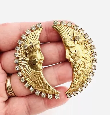 Large KIRKS FOLLY Moon Faces Lunar Rhinestone Earrings Signed Vintage Jewelry • $68.50
