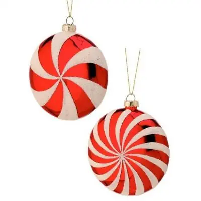 Red Peppermint Starburst Candy Glass Christmas Ornament Set Of 2 • $17.99