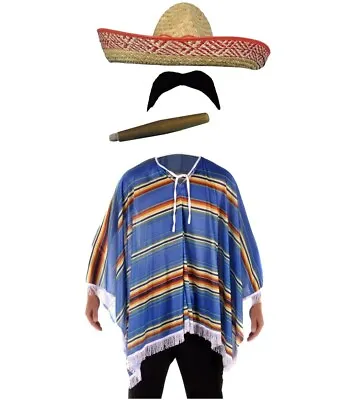 Adult Mexican Poncho Sombrero Hat Moustache Cigar Costume Set Fancy Dress Outfit • £15.99