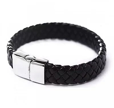 £3.99 • Buy Men's Leather Bracelet Stainless Steel Magnetic Clasp Bangle Black 21cm