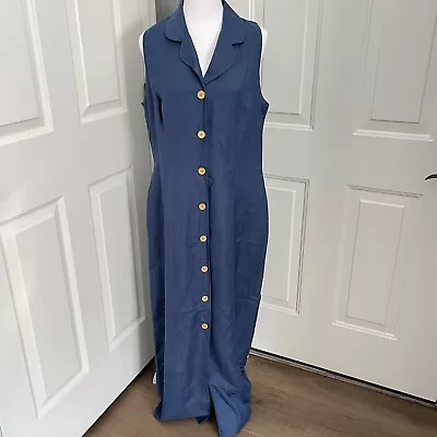 Maggy London Blue Maxi Dress Linen Blend Sleeveless Gold Buttons Women Size 14 • $17