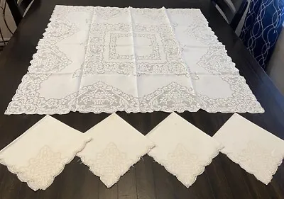 Vintage Bridge Or Small Tablecloth & 4 Napkins White Lace  • $20