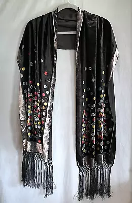 Black Bournout Velvet Scarf With Colorful Dots Fringed Shiny Pewter Border 19x87 • $14.95