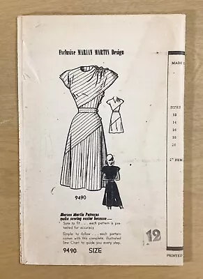 1940s Vintage MAIL ORDER Marian Martin 9490 Diagonal Drape DRESS Sewing Pattern • $12