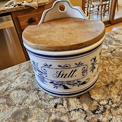 Vintage Cobalt Blue & White Salt Box Wall Mounted Porcelain Lidded **Read** • $42