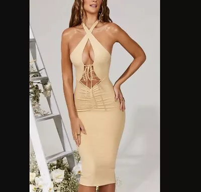 Oh Polly Halter Lace Up Ruched Midi Dress In Cream Bodycon Sexy Brand New Size 6 • $23