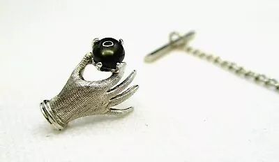 Vintage Tie Tack 14K White Gold Gloved Hand Holding Sapphire Gemstone 40-23 • $250