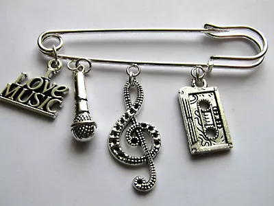 Silver Brooch-pin With 4 X Silver Charms-i Love Music Theme Charms New-70mm • £2.99