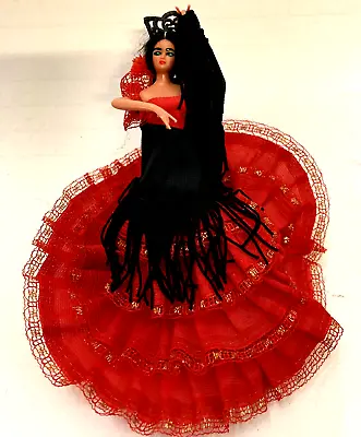 Vintage Marin Chiclana Spanish Dancer Doll 5  Red Dress With Black Fringe SPAIN • $10