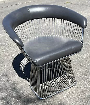 Mid Century￼Modern Chrome Chair PLATNER Style Black Leather • $350