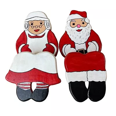 Santa & Mrs Claus Wooden Hand Painted 7” Shelf Sitters Christmas Decor • $14.95