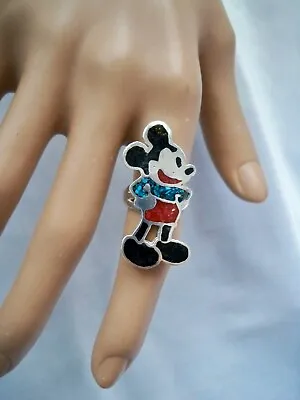 Vintage Native American Disney Mickey Mouse Zunitoon Sterling Silver Ring Size 5 • $89