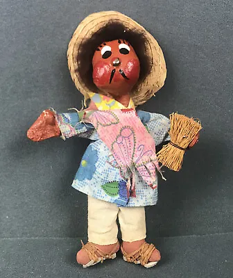 Vintage Mexican Doll Folk Art Oil Cloth Man Doll 8   Sandals Sombrero Mustache￼ • $14.99