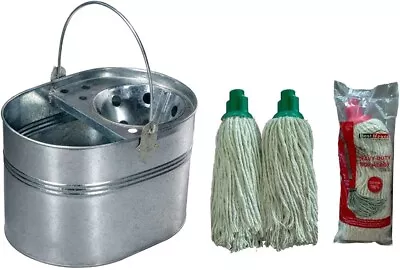 15 Litre Galvanized Steel Metal Mop Bucket + 2 Pcs Cotton 12 Ply Socket Mop Head • £20.99