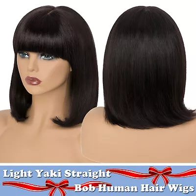 Glueless Short Bob Lace Full Wigs Straight Remy Human Hair Wig With Bangs Fringe • $55.11