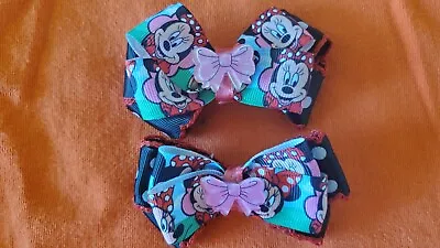 Lot Of Two Handmade Girl Hair Bows Mickey And Minnie Mouse Grossgrain Ribbons • $9.99