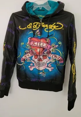 Ed Hardy Women's Faux Leather Love Kills Biker Jacket Size S Excellent Condition • $250