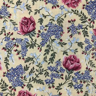 New Cotton Fabric 4 Yds Pink Cabbage Roses And Blue Flowers On Yellow Excellent • £19.67