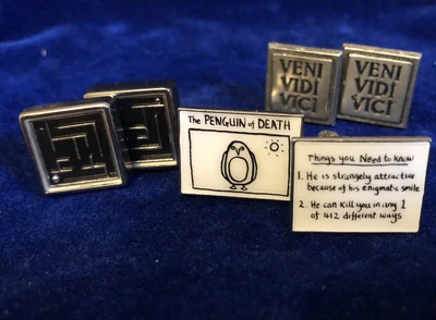 £6 • Buy 3 Pairs Novelty Cufflinks - Veni Vidi Vici , Puzzle , Penguin Of Death