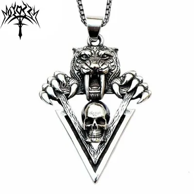 Mens Biker Saber Tooth Tiger Skull Necklace Pendant Stainless Steel Beast Gift • $7.99