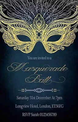 Personalised Masquerade Ball Invitations Birthday Party Invites & Envelopes X12  • £5.99