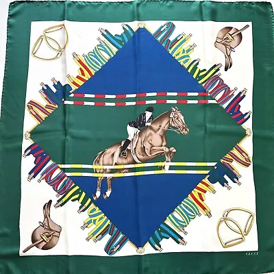 Gucci Green Horse Equestrian Vintage Silk Scarf 34  Square • $80