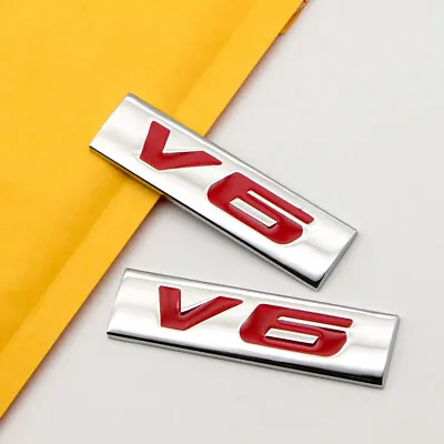 2x Chrome Metal Red V6 Logo Emblem 3D Engine Sport Turbo Badge Sticker Car Decal • $9.99