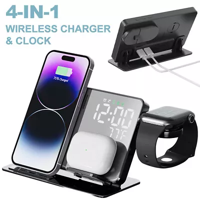 4in1 15W Wireless Charger Dock Station LED Alarm Clock For IWatch IPhone Samsung • £23.17