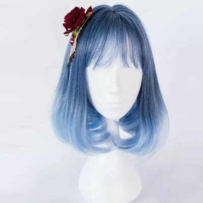 Halloween 35CM Lolita Black Mix Blue Ombre Short Wavy Bangs Party Cosplay Wig • £13.19