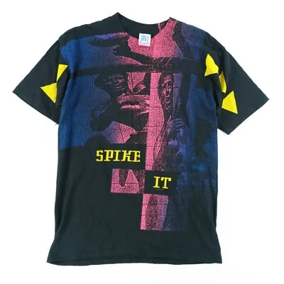 Vintage 90's Single Stitch Black Volleyball Beach Shirt Sz. L AOP Spike It Beach • $27.55