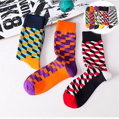 Socks Mens Cotton Socks Bright Coloured Rich Funky Design One Size Stripes Plaid • $6.26