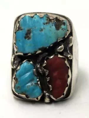 Vtg Men's Sterling Silver Turquoise & Coral Southwestern Ring Size 10 Unsigned • $139.99