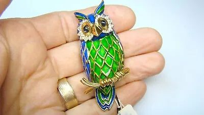 Rare Jomaz Large Enamel Rhinestone Owl Pin W Vintage Joseph Mazer Tags • $195