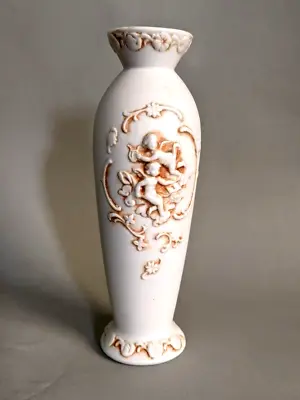 Vintage Lefton Antiqued Cherub Bud Vase Porcelain Bisque Raised Angels Floral • $19.99