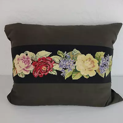 Spring Floral Needlepoint Pillow Feather Insert Multicolor Wool 21x15  Tassel • $22.95