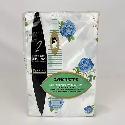 Vintage Penneys Nation Wide Blue Rose Pillowcases 100% Cotton Strong Muslin • $29.99