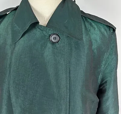 Vintage 80s 90s Iridescent Forest Green Trench Coat S / M Midi Double Breasted • $20.99