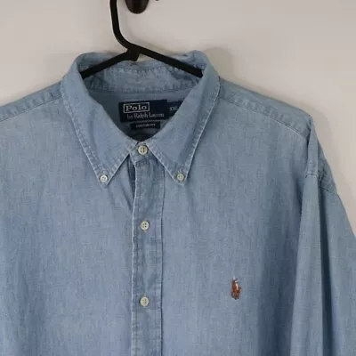 Polo Ralph Lauren Denim Chambray Shirt Mens L Button Up Work Wear Vintage 90s • £27.95