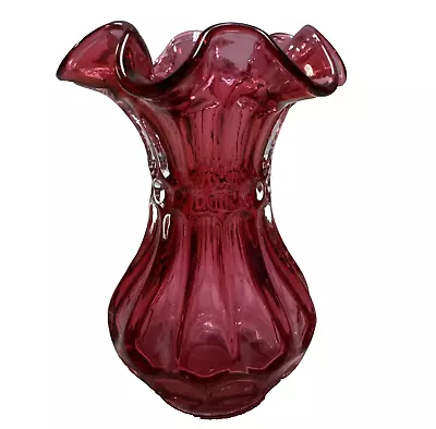 Fenton Thumbprint Vase Country Cranberry Red Ruffled Edge Vintage Glass • $24.98