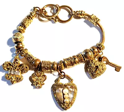 Vintage Stunning Gold Tone Fleur De Lis Heart Key Dangle Charms Bracelet • $14.99