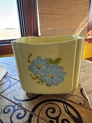 Vintage MCM Alamo Pottery 737 Fluted Yellow Ceramic Vase Flower Pot Painted • $12