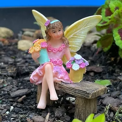 Miniature Dollhouse Fairy Garden Fairy Figurine Sitting On Bench With Flowers • $14.99