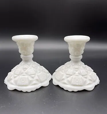 Set Of 2 Vintage Westmoreland White Milk Glass  Old Quilt  Candle Holders 3.5  • $10